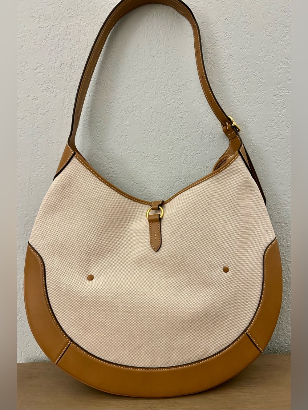 Ralph Lauren Polo ID Beige Canvas Shoulder Bag with Tan Leather Trim, like new! - Picture 3 of 8